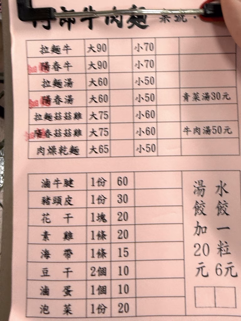 中研市場 阿郎牛肉麵 菜單